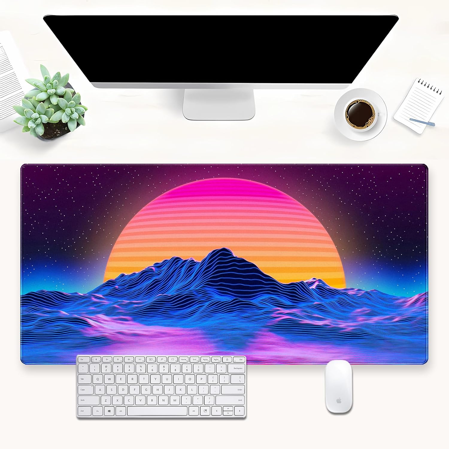Mouse Gaming Retro - Retro Synthwave Mountain Sun Desk Mat,